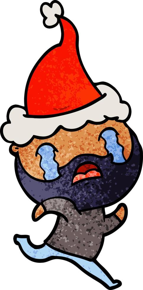 textured cartoon of a bearded man crying wearing santa hat vector