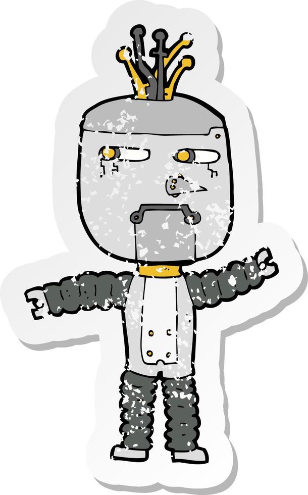 retro distressed sticker of a cartoon waving robot vector