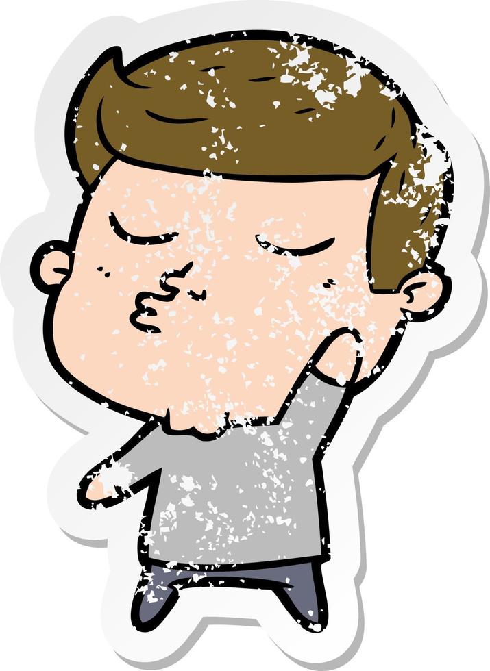 distressed sticker of a cartoon model guy pouting vector