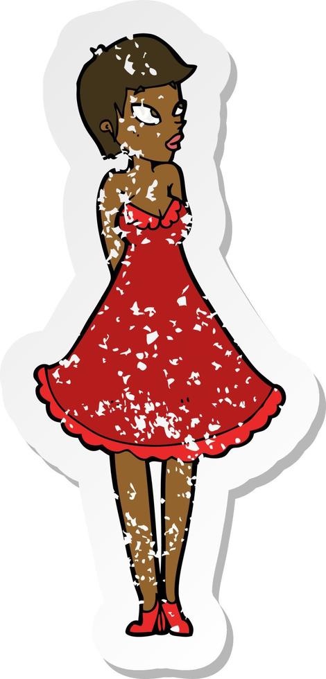 retro distressed sticker of a cartoon pretty woman in dress vector