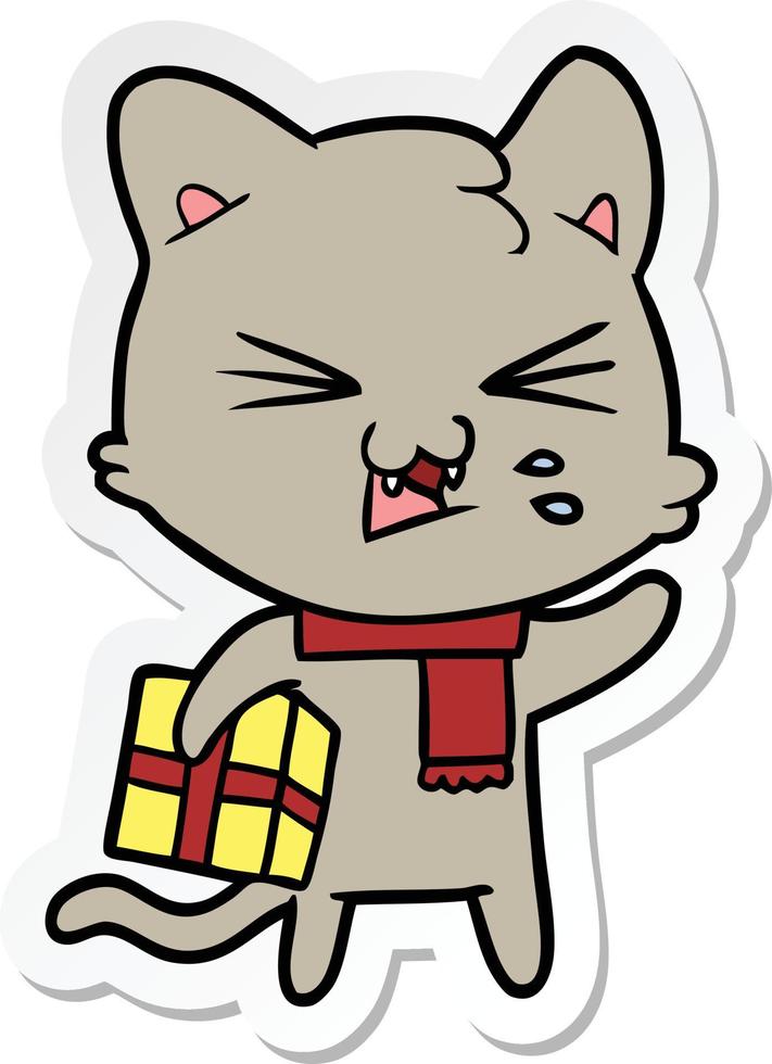 sticker of a cartoon hissing cat vector