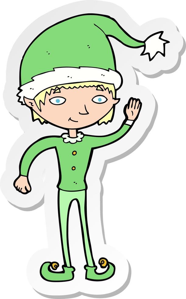 pegatina de un duende navideño agitando dibujos animados vector