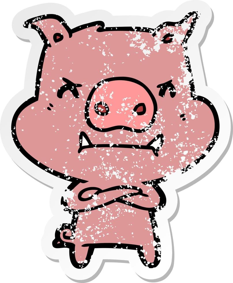 distressed sticker of a angry cartoon pig vector