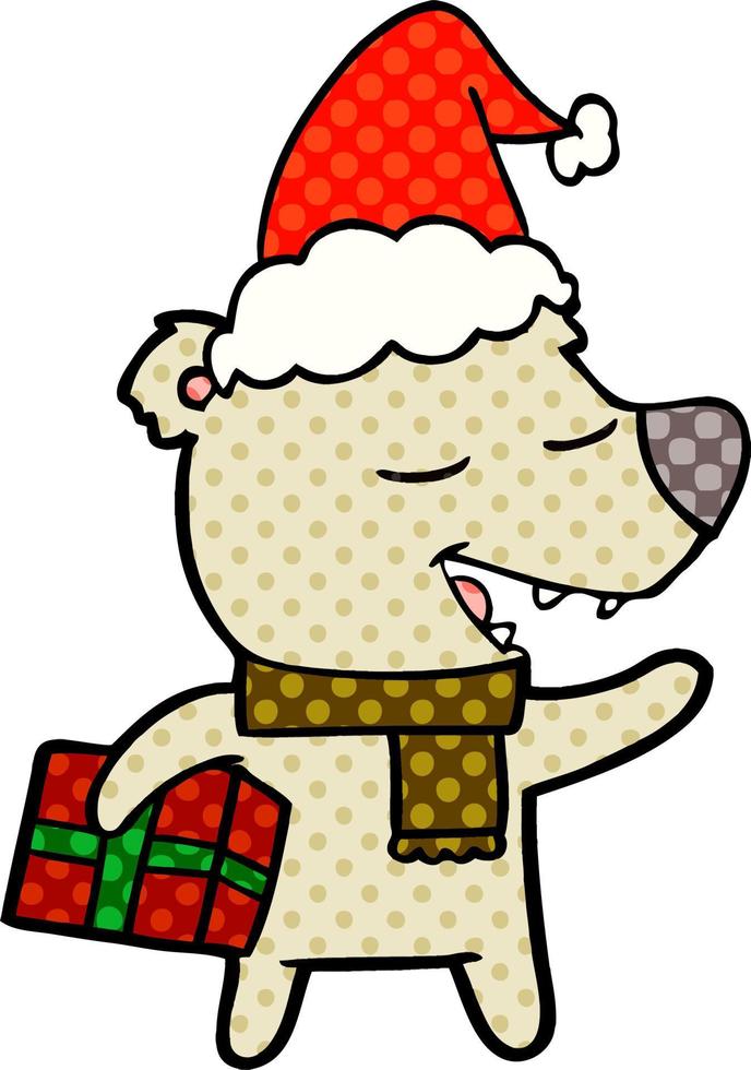 comic book style illustration of a bear with present wearing santa hat vector