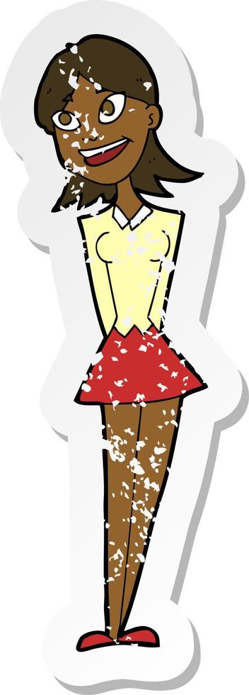 retro distressed sticker of a cartoon happy woman vector