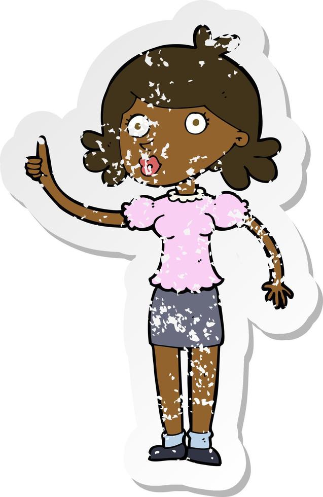 retro distressed sticker of a cartoon woman with idea vector