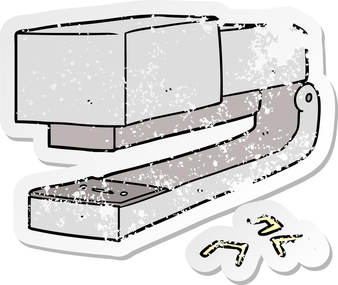 pegatina angustiada de una grapadora de oficina de dibujos animados vector