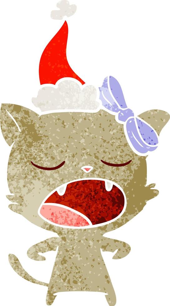 retro cartoon of a yawning cat wearing santa hat vector