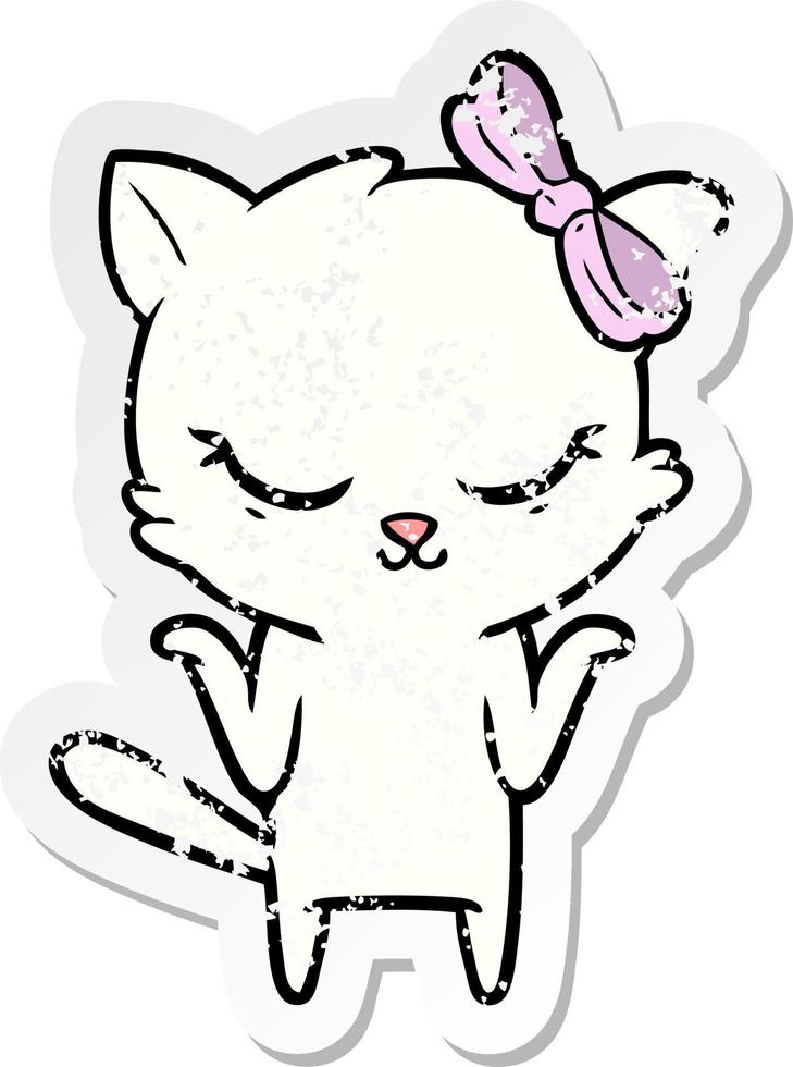 distressed sticker of a cute cartoon cat with bow vector