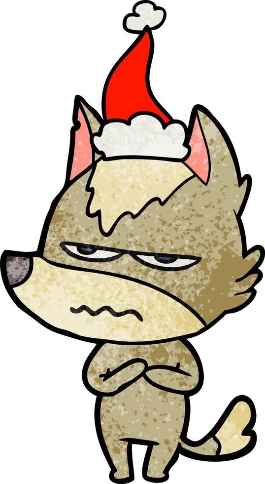 textured cartoon of a annoyed wolf wearing santa hat vector
