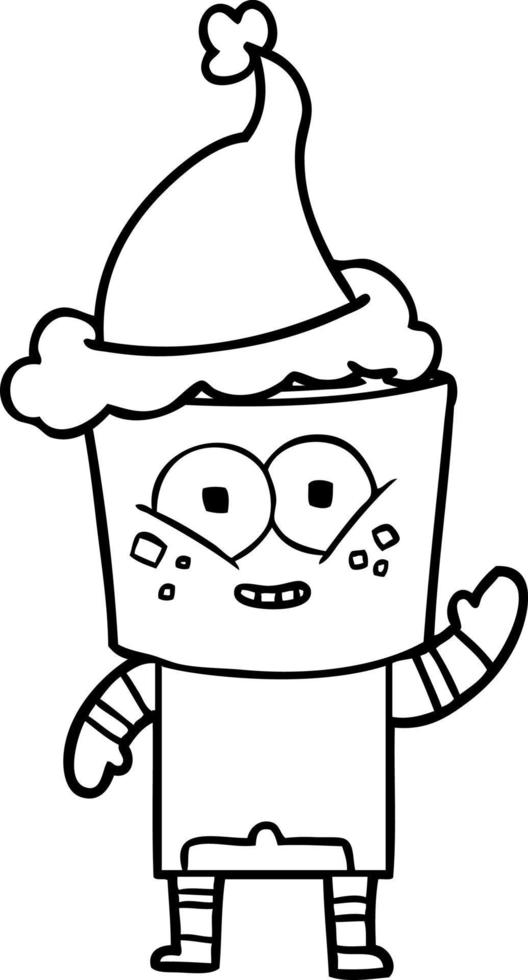 happy line drawing of a robot waving hello wearing santa hat vector
