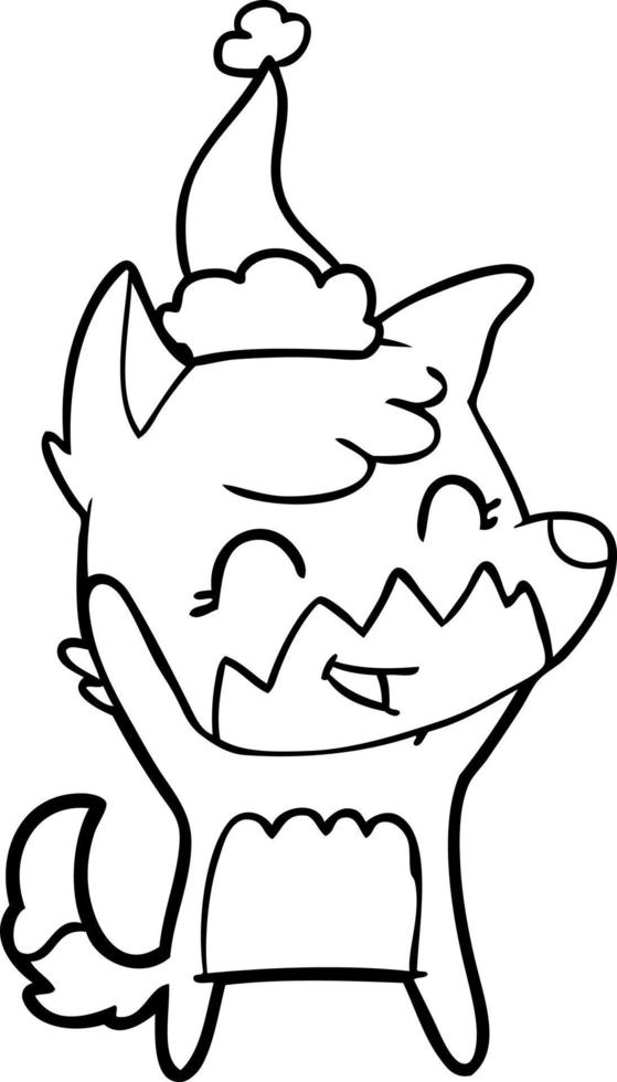 happy line drawing of a fox wearing santa hat vector