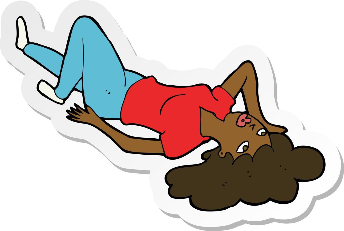 sticker of a cartoon woman lying on floor vector