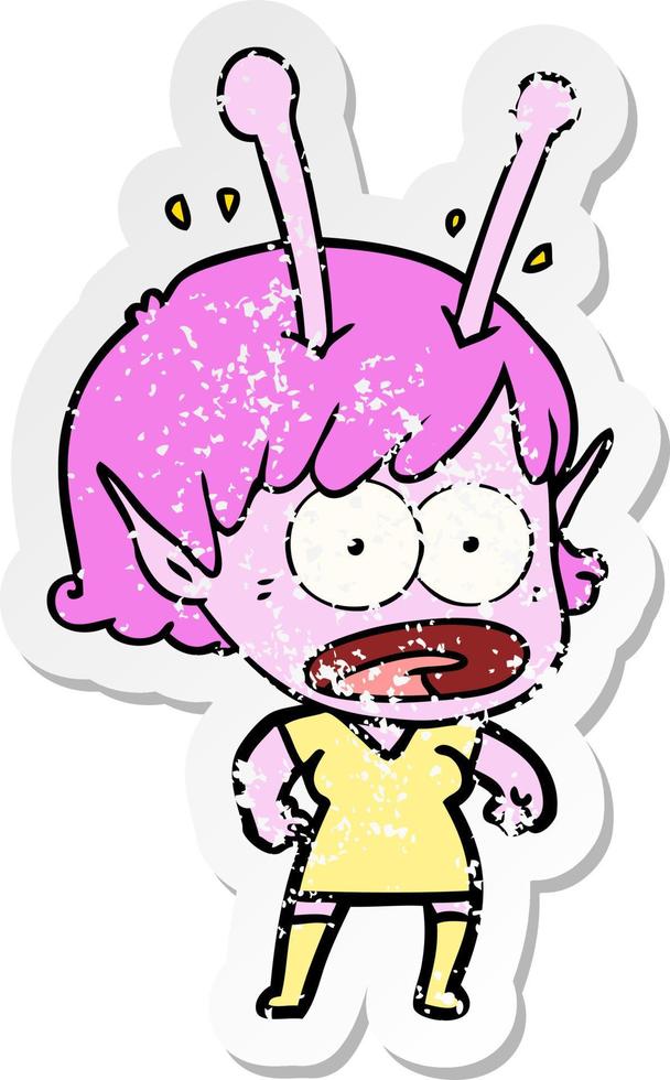 pegatina angustiada de una caricatura de una chica alienígena sorprendida vector