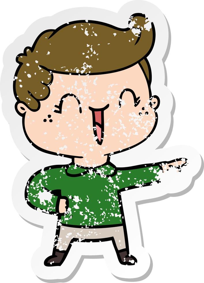 distressed sticker of a cartoon laughing boy pointing vector