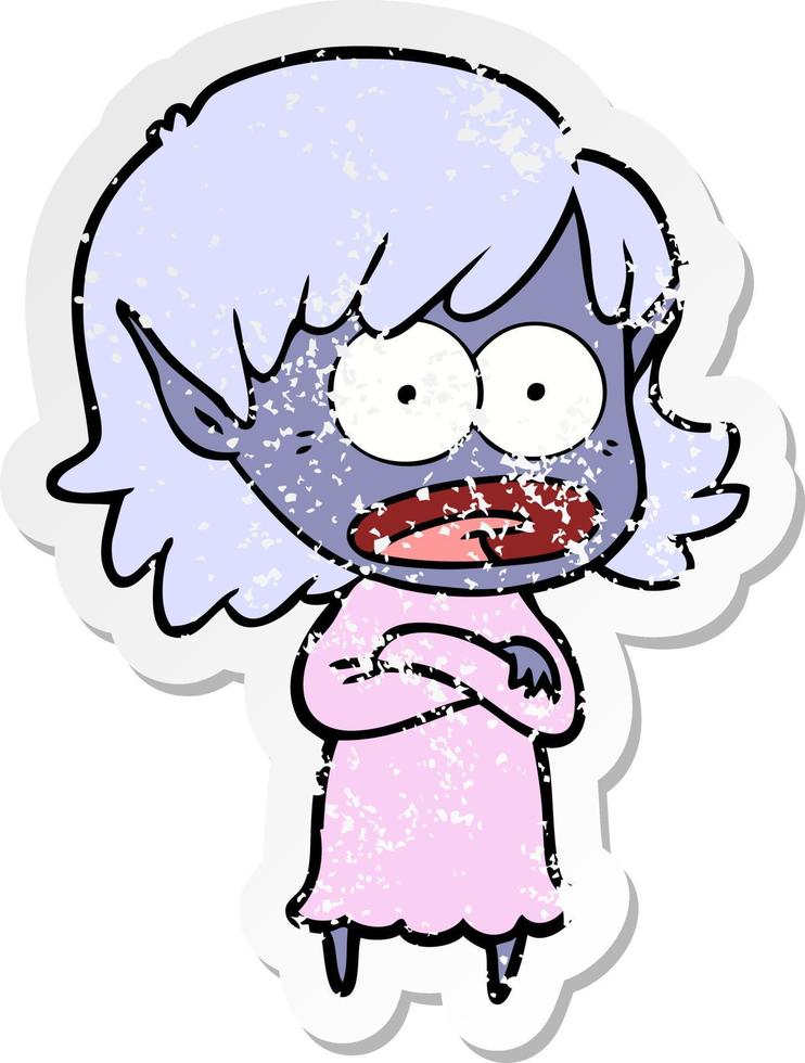 distressed sticker of a cartoon shocked elf girl vector