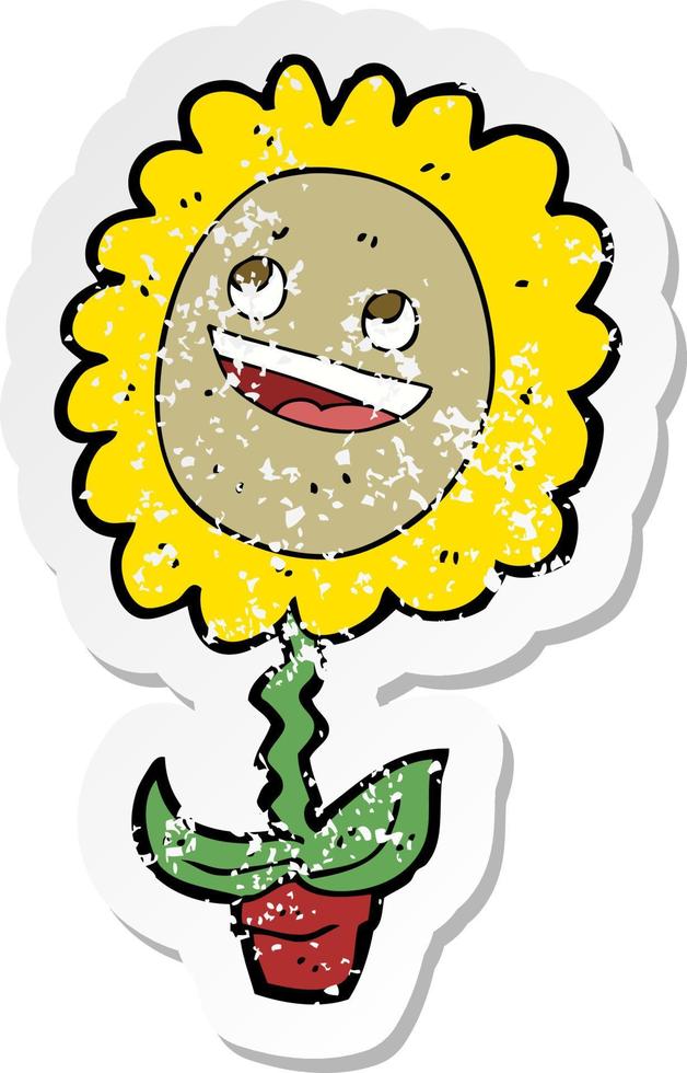 retro distressed sticker of a cartoon happy sunflower vector