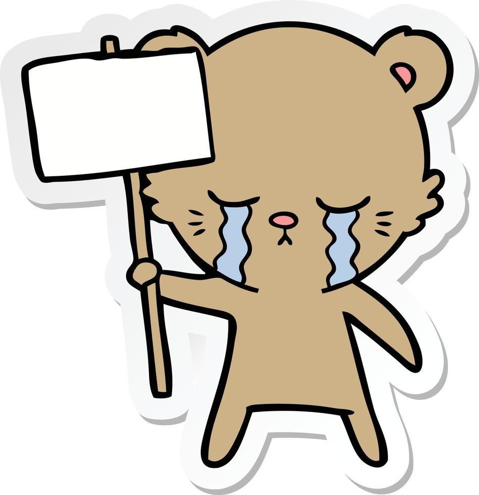 sticker of a crying cartoon bear with sign post vector