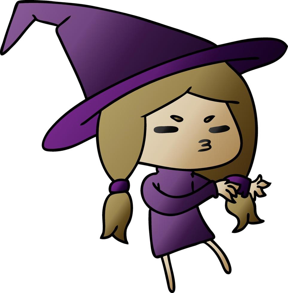 gradient cartoon of a cute witch kawaii girl vector