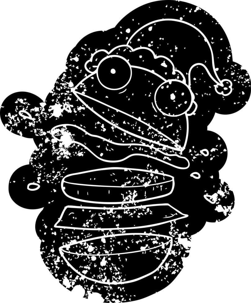 cartoon distressed icon of a amazing burger wearing santa hat vector