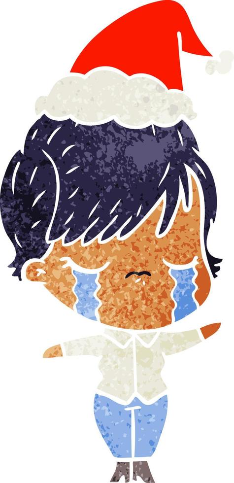 retro cartoon of a woman crying wearing santa hat vector