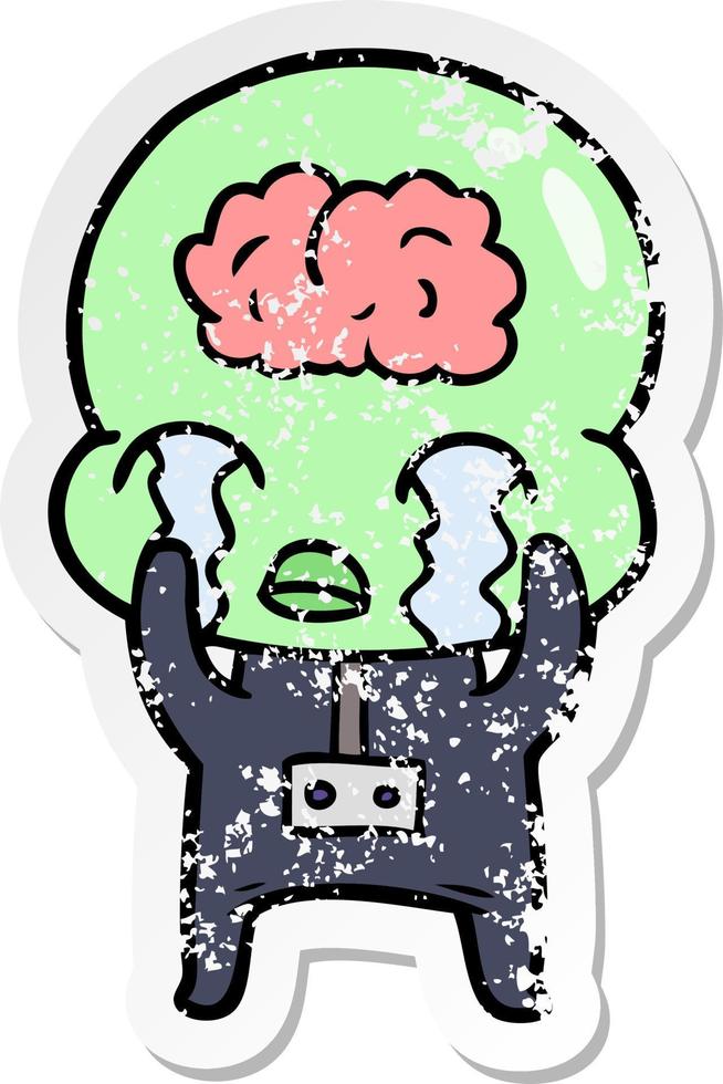 distressed sticker of a cartoon big brain alien crying vector