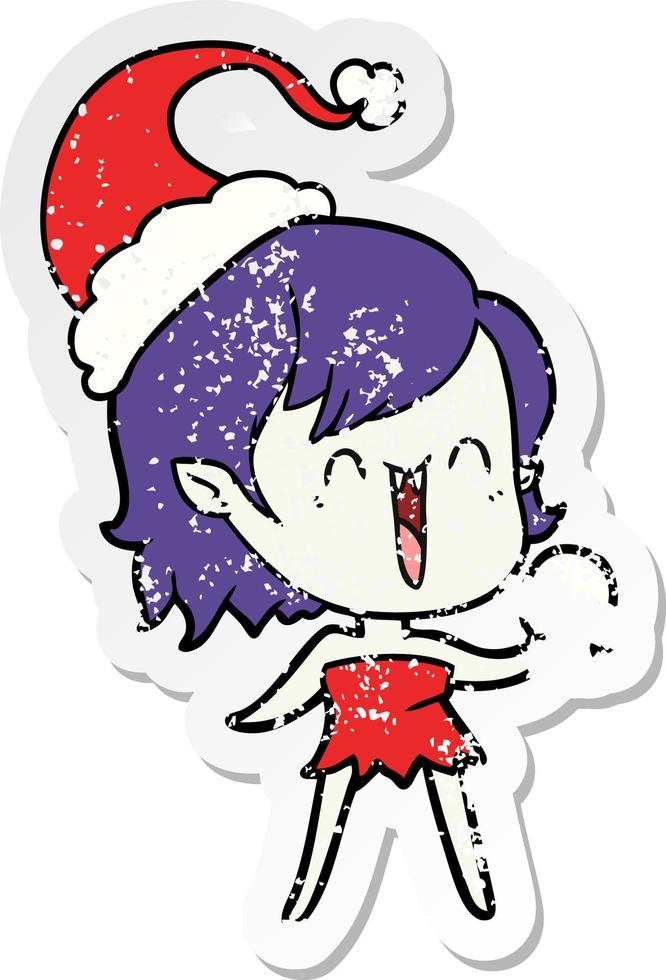 cute distressed sticker cartoon of a happy vampire girl wearing santa hat vector