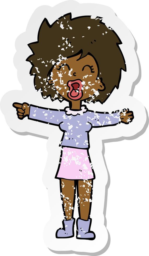 retro distressed sticker of a cartoon stressed out woman talking vector