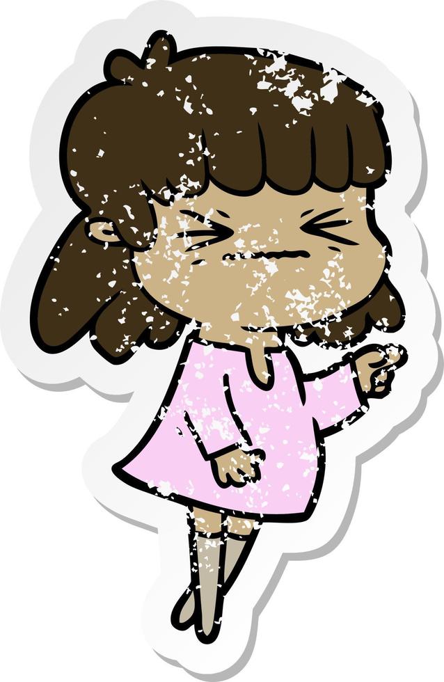 distressed sticker of a cartoon angry girl vector