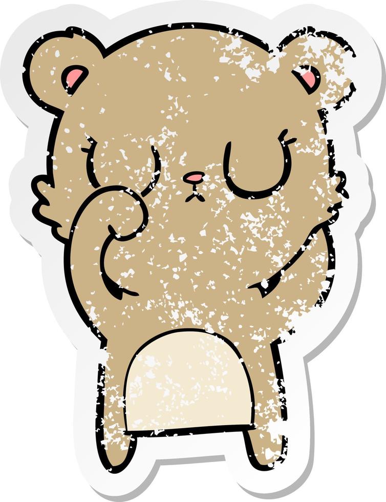 distressed sticker of a peaceful cartoon bear vector