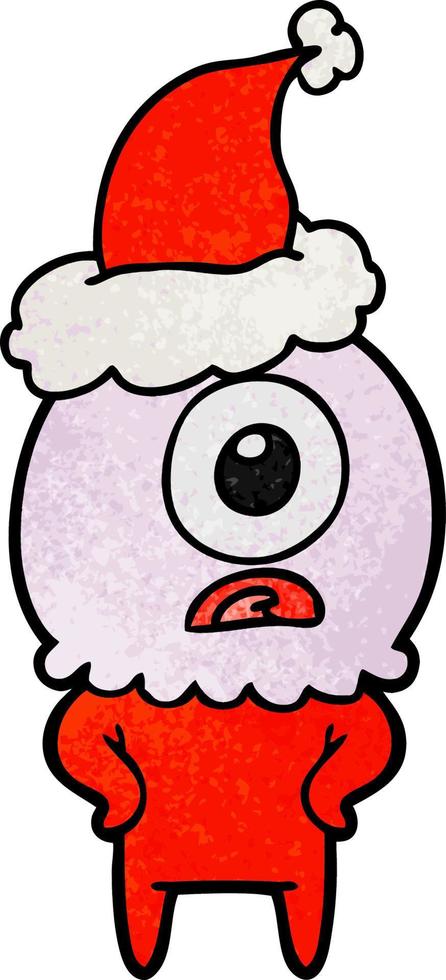 textured cartoon of a cyclops alien spaceman wearing santa hat vector