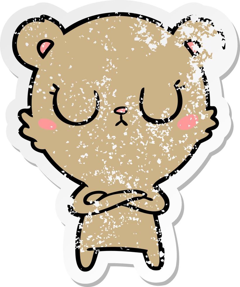 distressed sticker of a peaceful cartoon bear cub vector