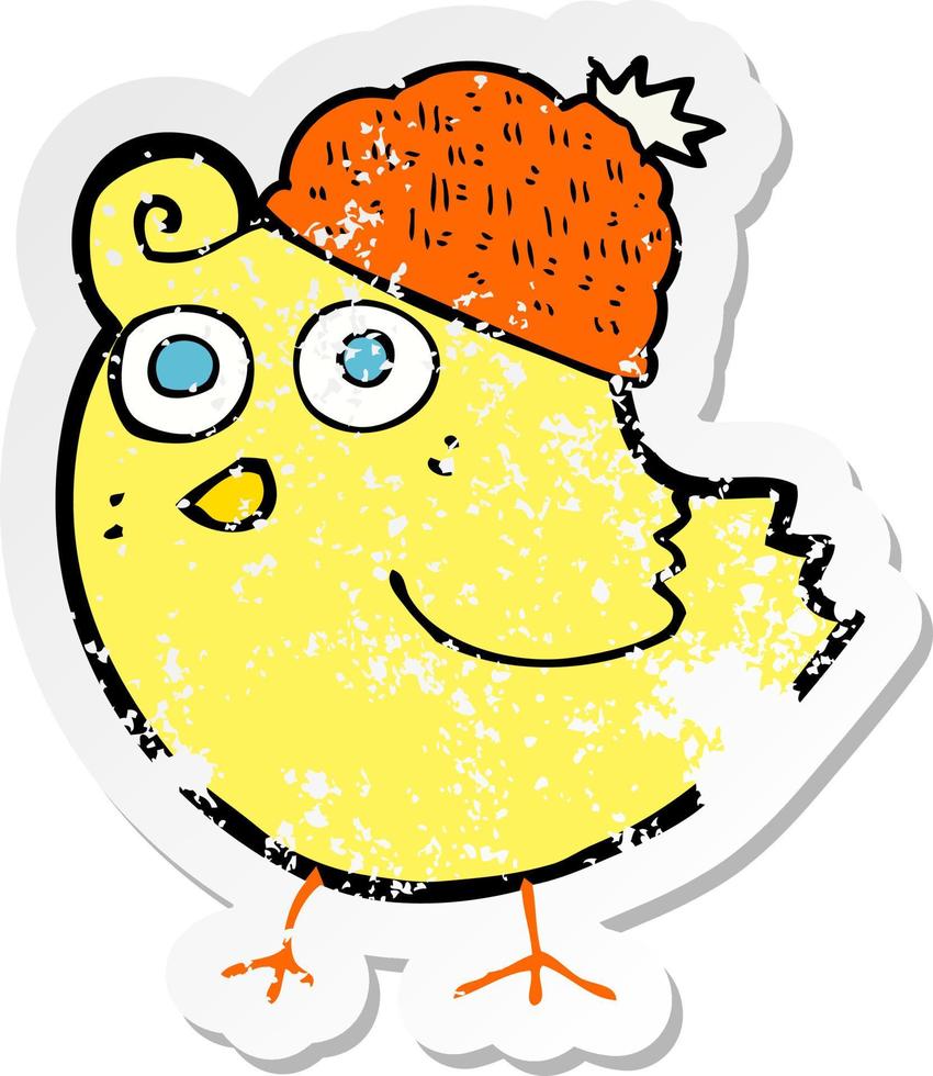 retro distressed sticker of a cartoon bird wearing hat vector