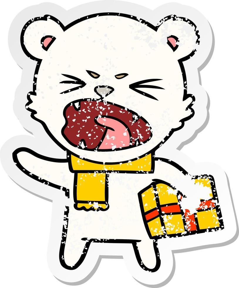 distressed sticker of a angry cartoon polar bear with christmas present vector