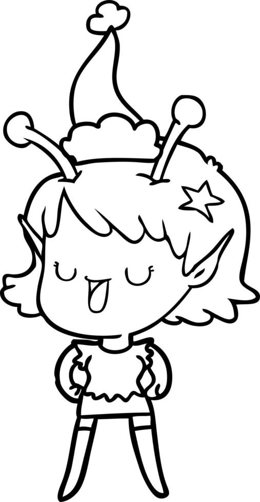 happy alien girl line drawing of a wearing santa hat vector