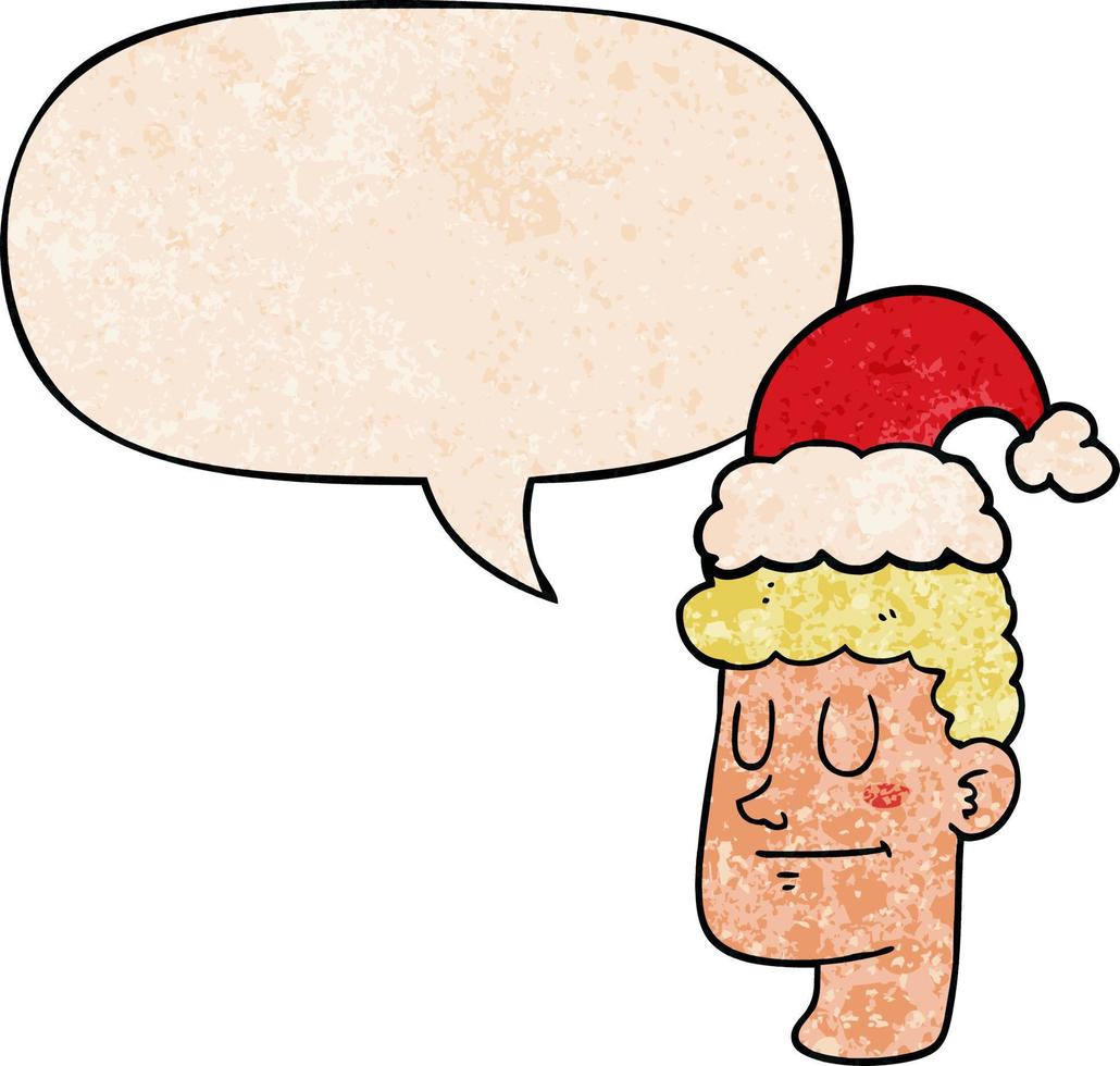 cartoon man wearing christmas hat and speech bubble in retro texture style vector