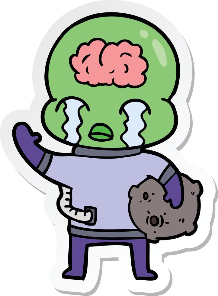 sticker of a cartoon big brain alien crying and waving goodbye vector