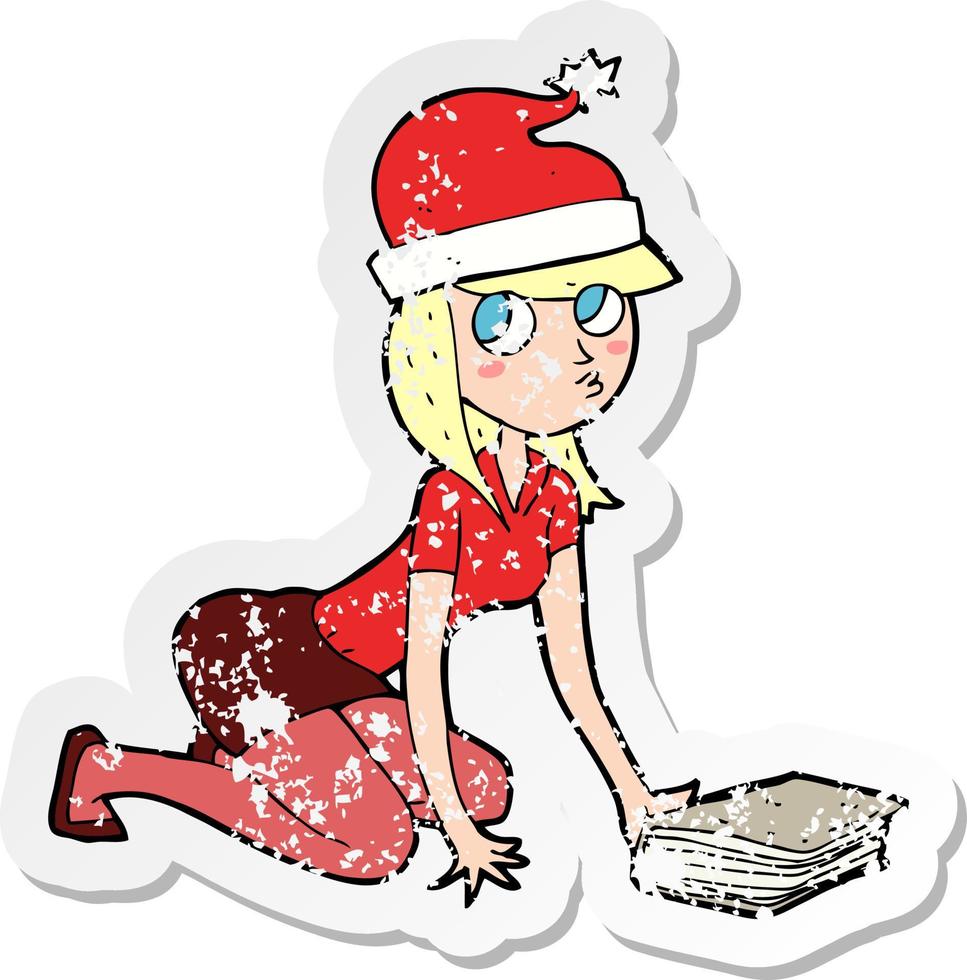 retro distressed sticker of a cartoon woman in christmas hat vector