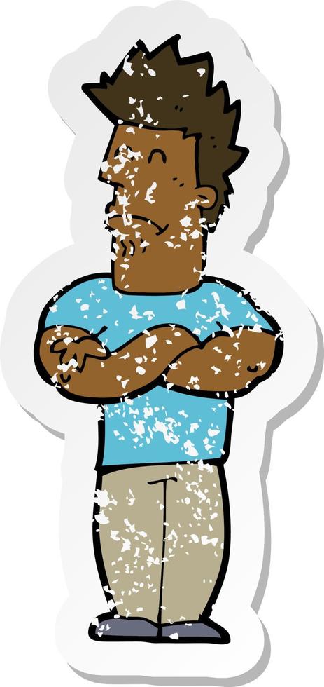 retro distressed sticker of a cartoon sulking man vector