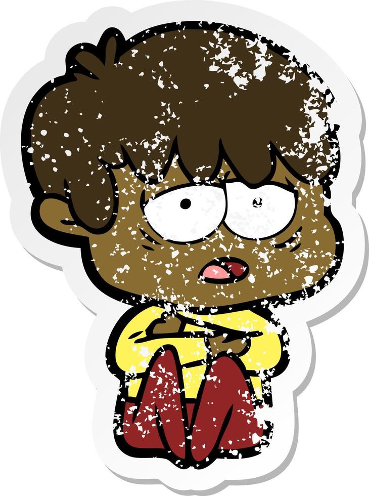 distressed sticker of a cartoon exhausted boy vector