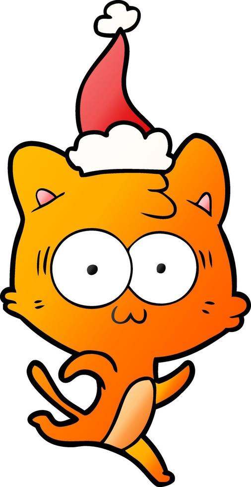 gradient cartoon of a surprised cat running wearing santa hat vector