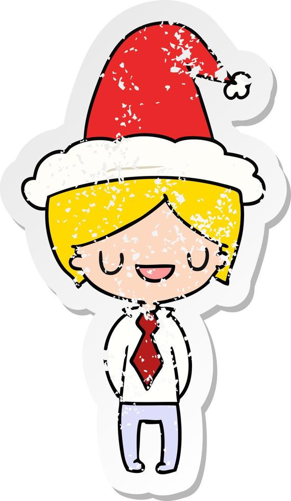 christmas distressed sticker cartoon of kawaii boy vector