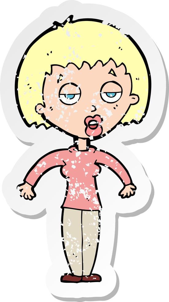 retro distressed sticker of a cartoon woman shrugging shoulders vector