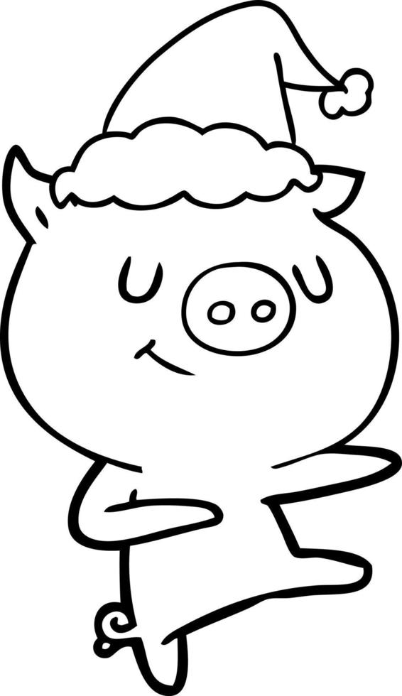 happy line drawing of a pig dancing wearing santa hat vector