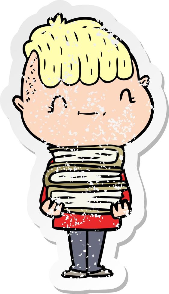 distressed sticker of a cartoon friendly boy with books vector