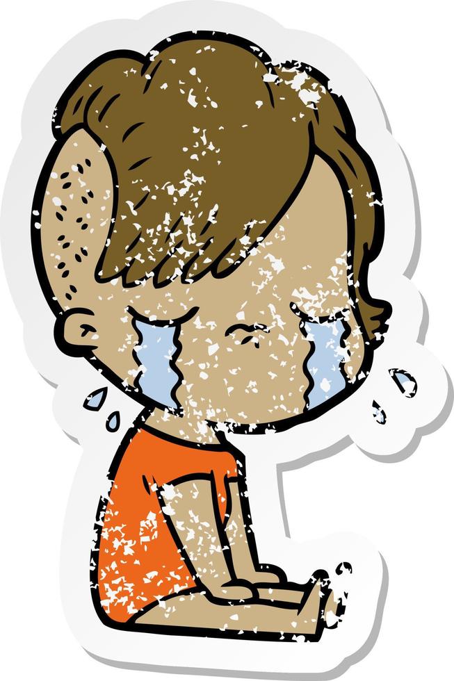 distressed sticker of a cartoon crying girl vector