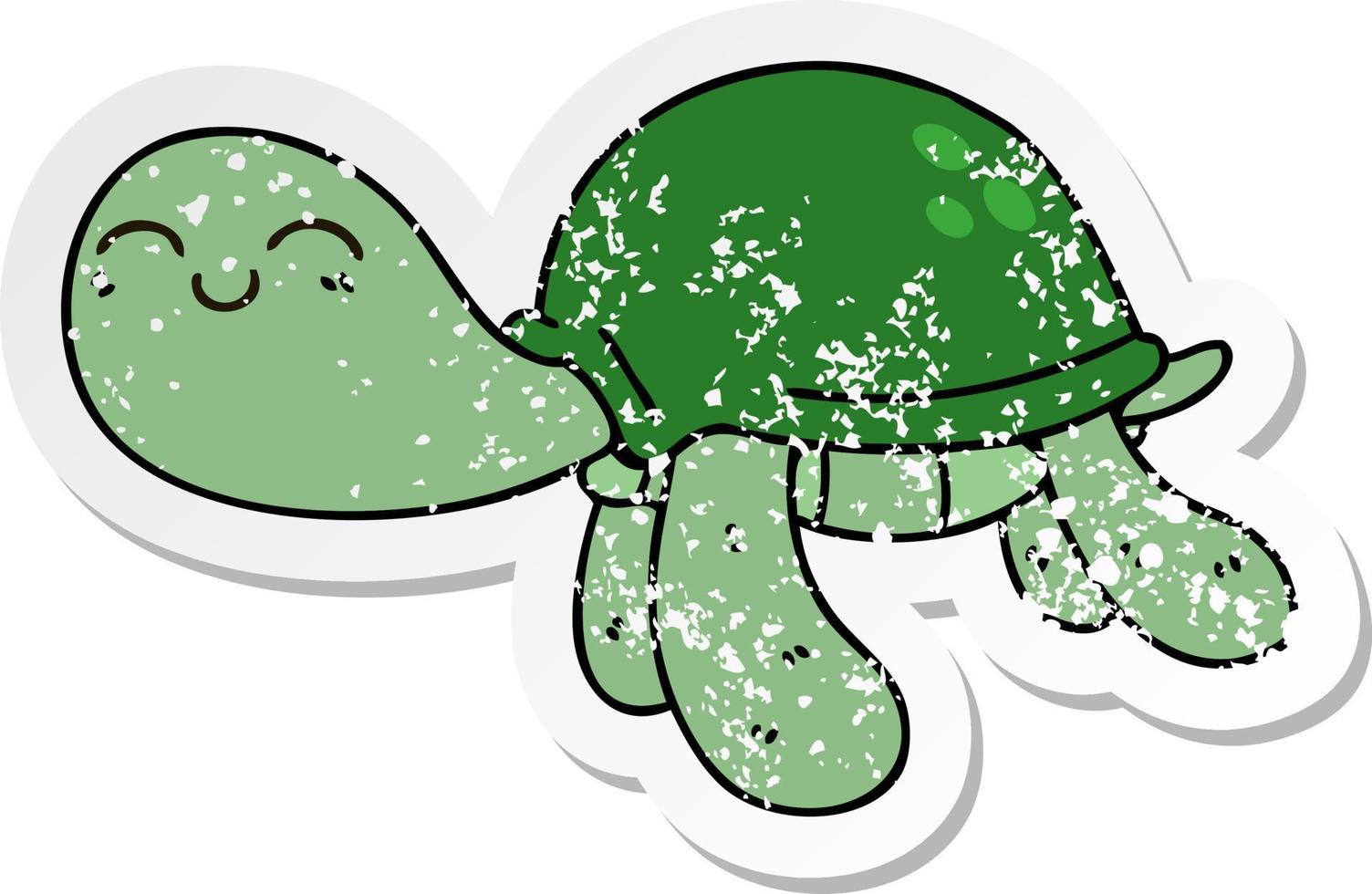 distressed sticker of a quirky hand drawn cartoon turtle vector