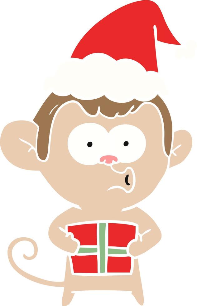 flat color illustration of a christmas monkey wearing santa hat vector