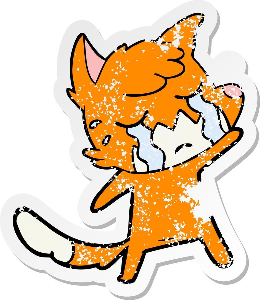 distressed sticker of a crying waving fox cartoon vector