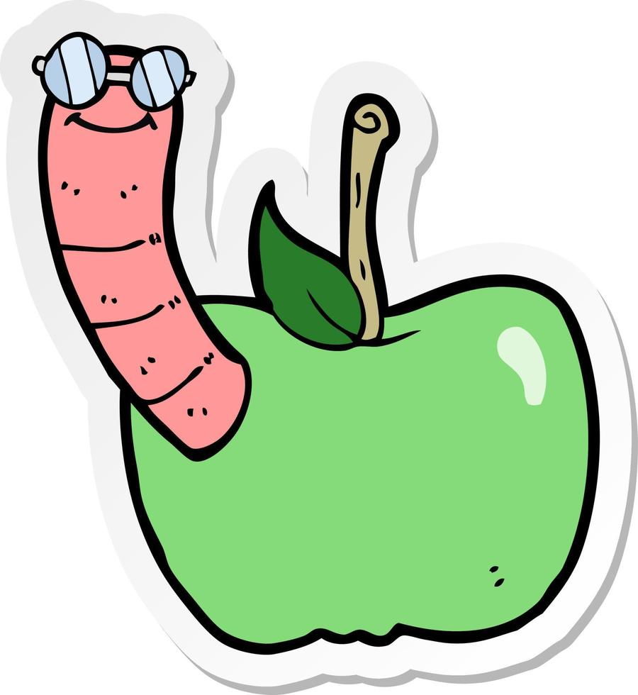 pegatina de una caricatura de manzana con gusano vector